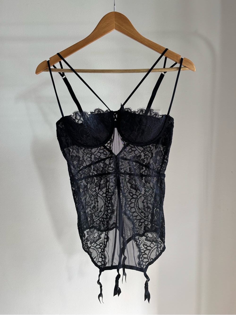 La SENZA Black Lace Bustier Bodyslip with Garter Tabs Size L